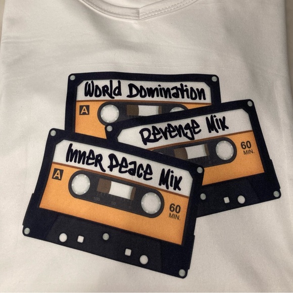 Retro Mixtape Mania White Tee: World Domination, Inner Peace, and Revenge - Picture 2 of 6